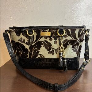 Brahmin Black and Cream Floral Shoulder Bag